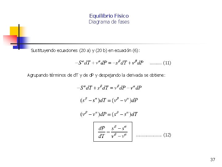 Equilibrio Físico Diagrama de fases Sustituyendo ecuaciones (20 a) y (20 b) en ecuación