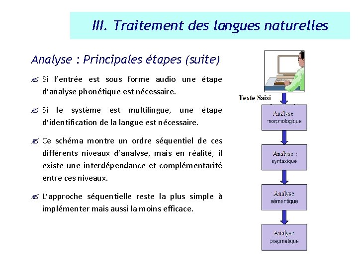 III. Traitement des langues naturelles Analyse : Principales étapes (suite) ? Si l’entrée est