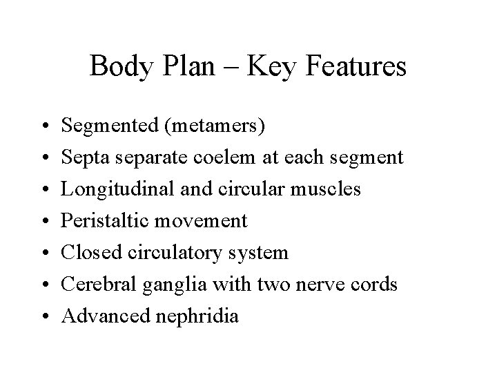 Body Plan – Key Features • • Segmented (metamers) Septa separate coelem at each