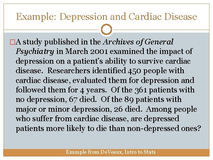Example: Depression and Cardiac Disease �A study published in the Archives of General Psychiatry Example: Depression and Cardiac Disease �A study published in the Archives of General Psychiatry