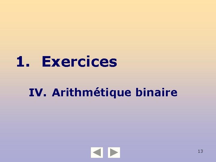 1. Exercices IV. Arithmétique binaire 13 
