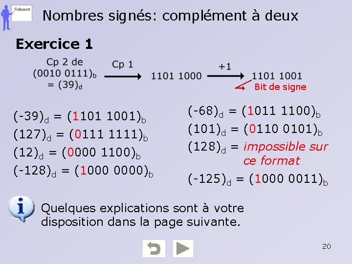 Nombres signés: complément à deux Exercice 1 Bit de signe (-39)d = (1101 1001)b