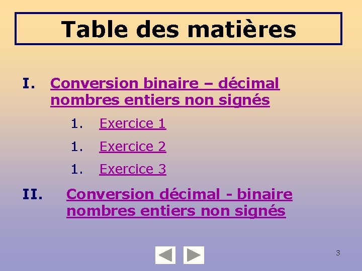 Table des matières I. II. Conversion binaire – décimal nombres entiers non signés 1.