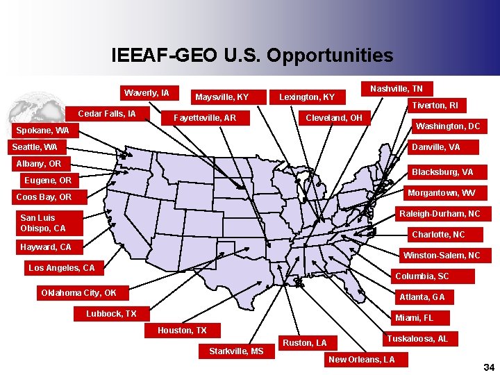 IEEAF-GEO U. S. Opportunities Waverly, IA Cedar Falls, IA Maysville, KY Fayetteville, AR Lexington,