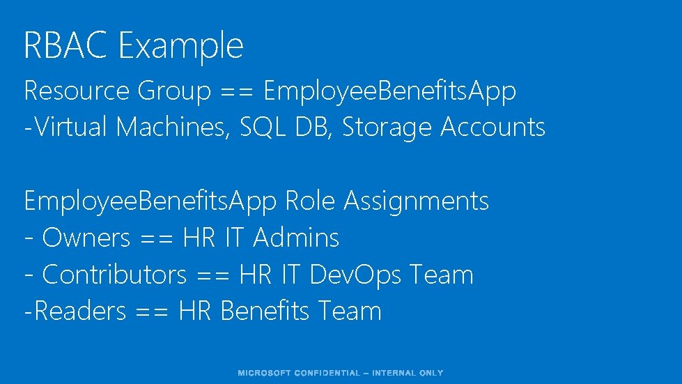 RBAC Example Resource Group == Employee. Benefits. App -Virtual Machines, SQL DB, Storage Accounts