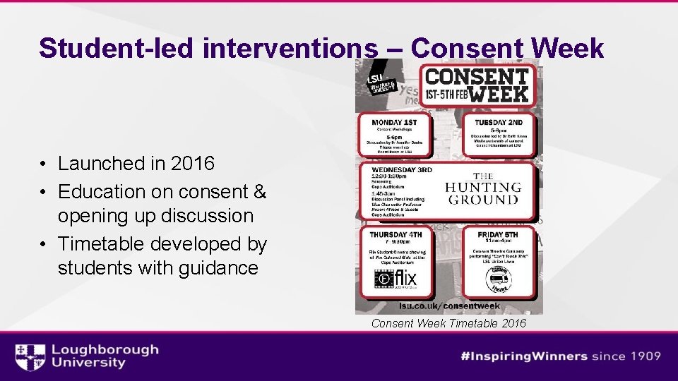 Student-led interventions – Consent Week • Launched in 2016 • Education on consent &