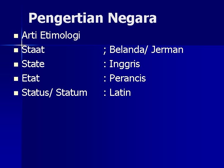 Pengertian Negara Arti Etimologi n Staat n State n Etat n Status/ Statum n