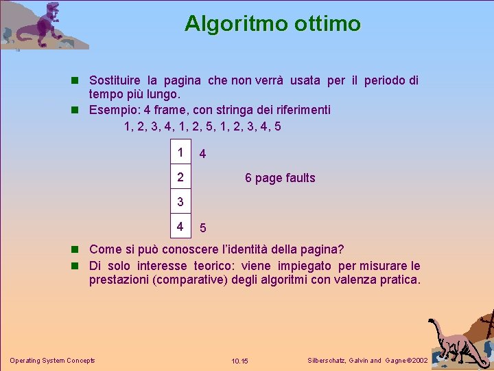 Algoritmo ottimo n Sostituire la pagina che non verrà usata per il periodo di