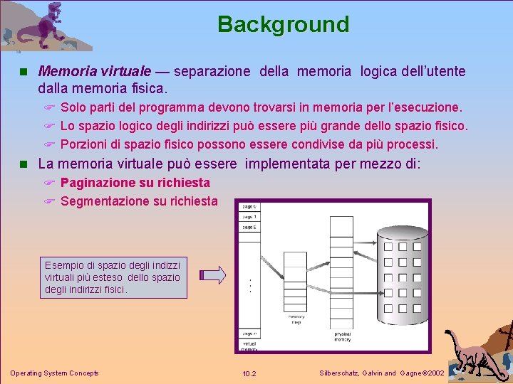 Background n Memoria virtuale — separazione della memoria logica dell’utente dalla memoria fisica. F