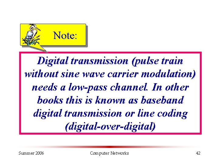 Note: Digital transmission (pulse train without sine wave carrier modulation) needs a low-pass channel.