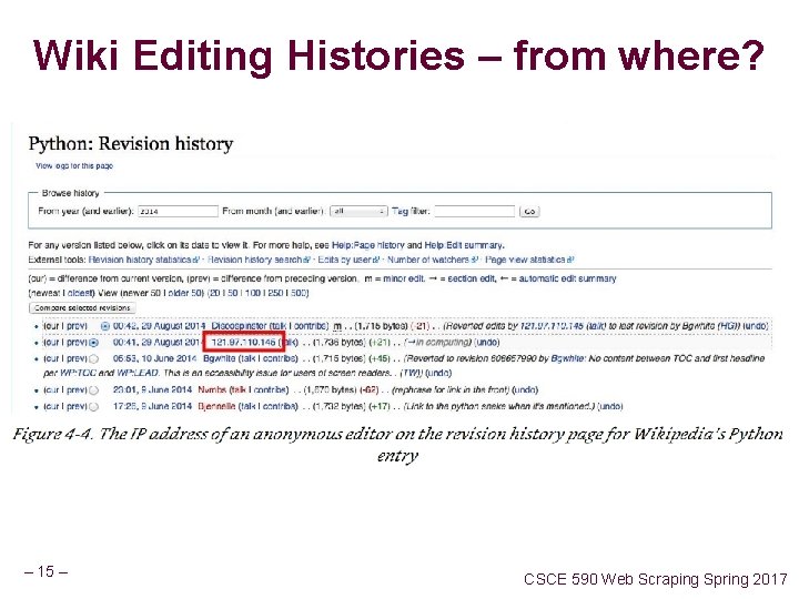 Wiki Editing Histories – from where? – 15 – CSCE 590 Web Scraping Spring Wiki Editing Histories – from where? – 15 – CSCE 590 Web Scraping Spring