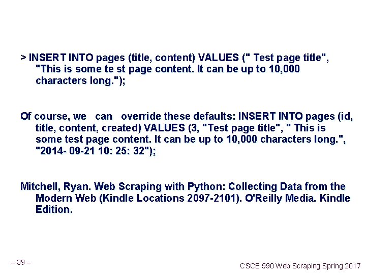 > INSERT INTO pages (title, content) VALUES (" Test page title", "This is some > INSERT INTO pages (title, content) VALUES (" Test page title", "This is some
