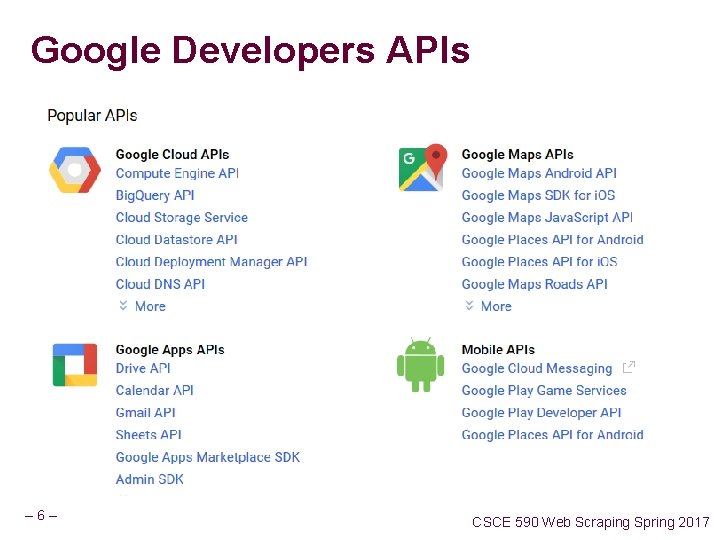 Google Developers APIs – 6– CSCE 590 Web Scraping Spring 2017 Google Developers APIs – 6– CSCE 590 Web Scraping Spring 2017