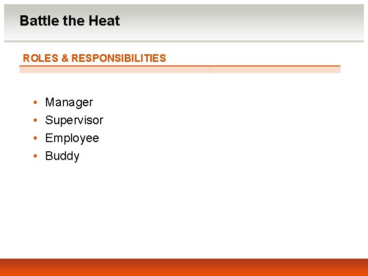 Battle the Heat ROLES & RESPONSIBILITIES • • Manager Supervisor Employee Buddy 