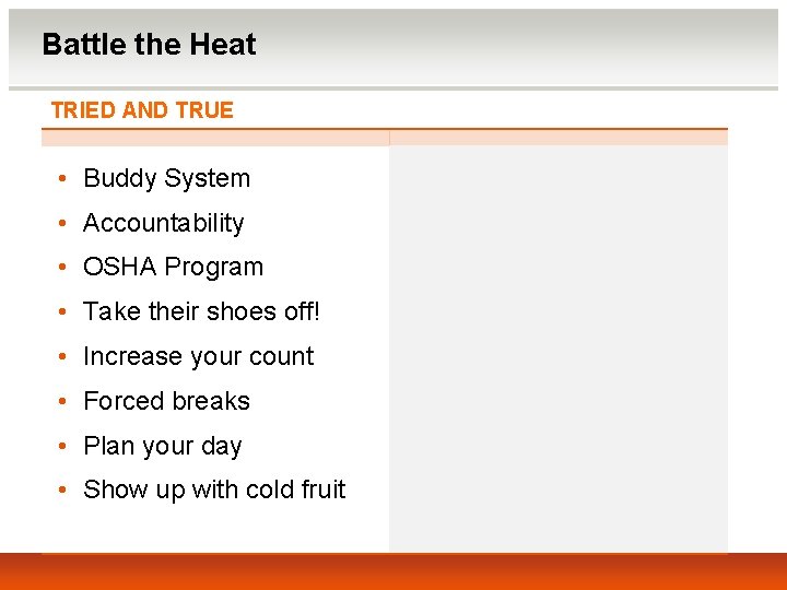 Battle the Heat TRIED AND TRUE • Buddy System • Accountability • OSHA Program