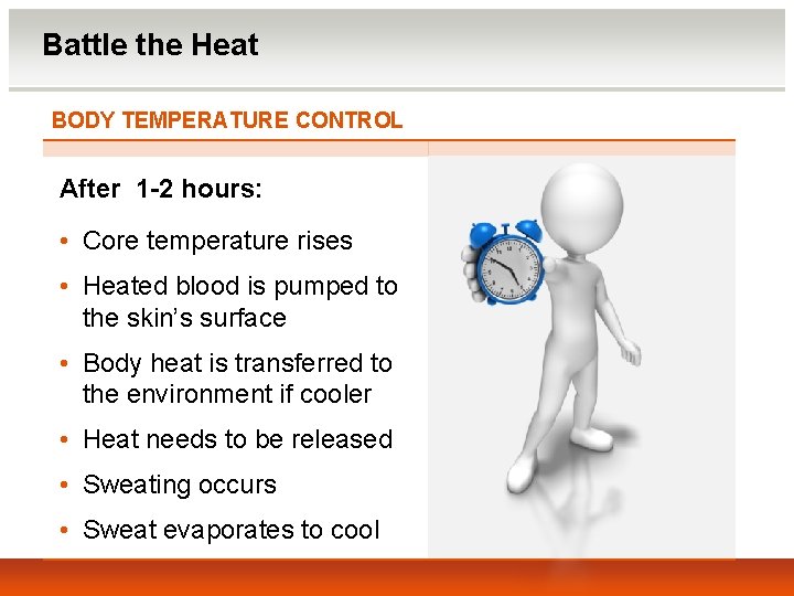 Battle the Heat BODY TEMPERATURE CONTROL After 1 -2 hours: • Core temperature rises