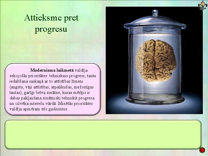 Attieksme pret progresu Modernisma laikmetā valdīja sekojošās prioritātes: tehniskais progress, tautu iedalīšana saskaņā ar