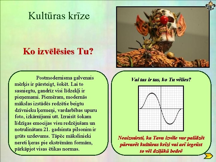 Kultūras krīze Ko izvēlēsies Tu? Postmodernisma galvenais mērķis ir pārsteigt, šokēt. Lai to sasniegtu,