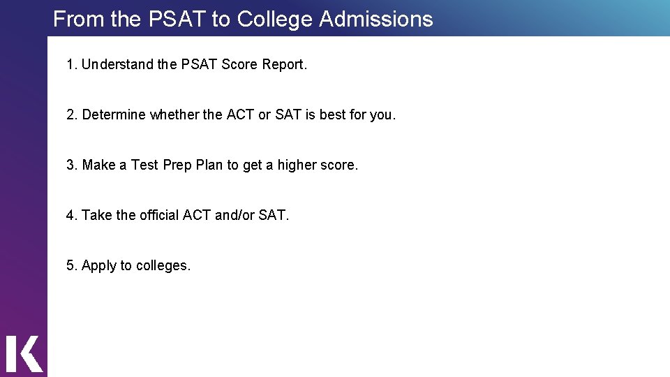 From the PSAT to College Admissions 1. Understand the PSAT Score Report. 2. Determine