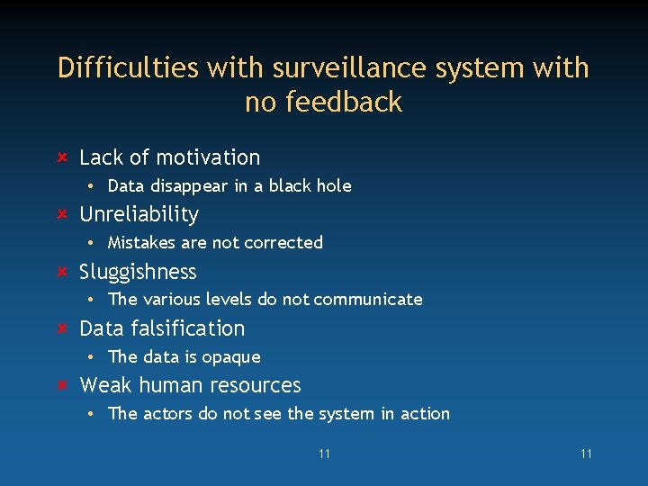 Difficulties with surveillance system with no feedback Lack of motivation • Data disappear in