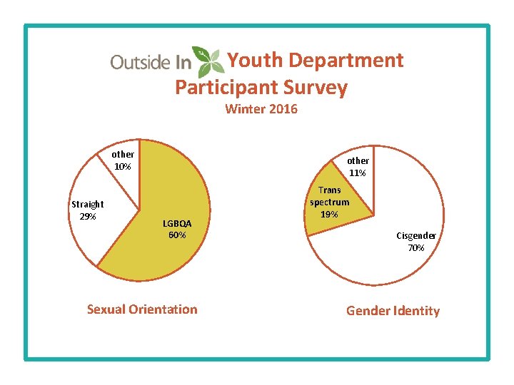 Youth Department Participant Survey Winter 2016 other 10% Straight 29% other 11% LGBQA 60%