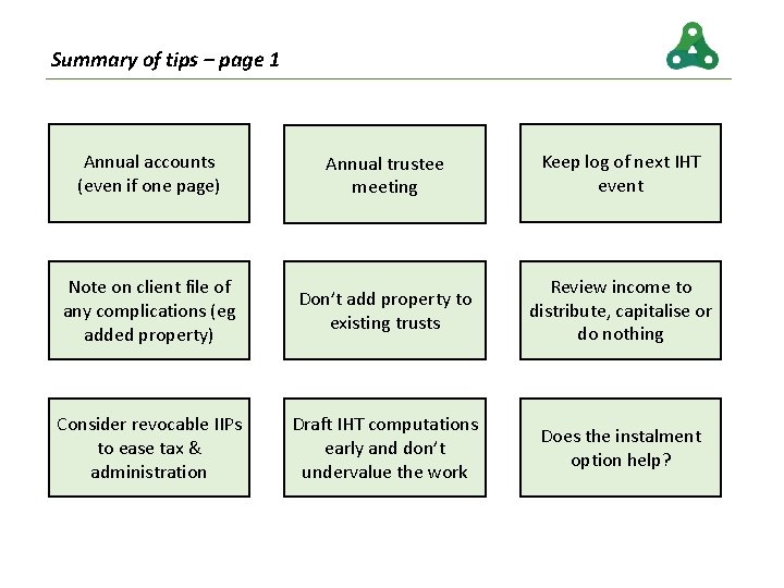 Summary of tips – page 1 Annual accounts (even if one page) Annual trustee