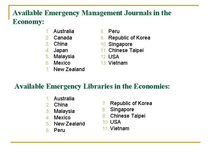 Available Emergency Management Journals in the Economy: 1. 2. 3. 4. 5. 6. 7.