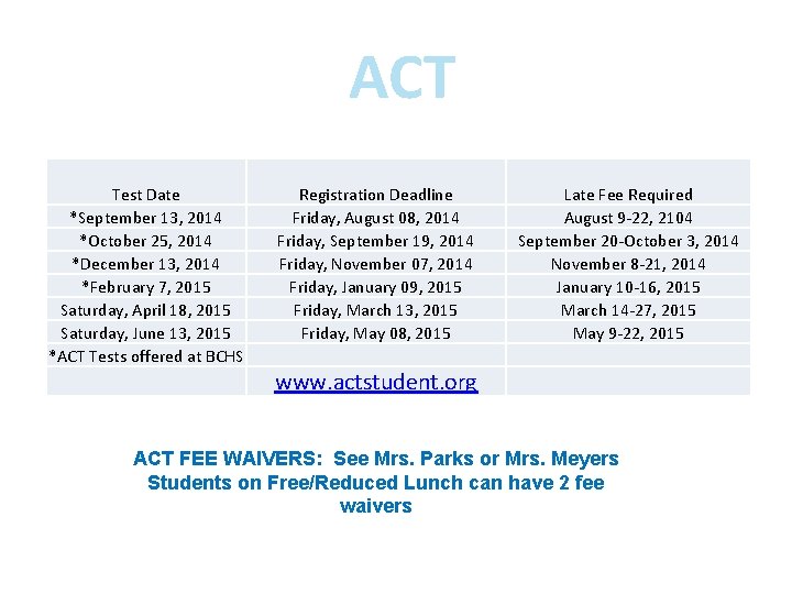 ACT Test Date *September 13, 2014 *October 25, 2014 *December 13, 2014 *February 7,