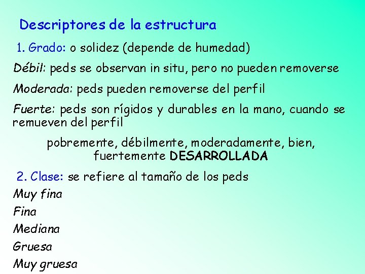 Descriptores de la estructura 1. Grado: o solidez (depende de humedad) Débil: peds se