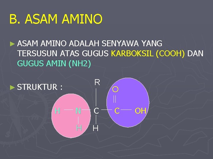 B. ASAM AMINO ► ASAM AMINO ADALAH SENYAWA YANG TERSUSUN ATAS GUGUS KARBOKSIL (COOH)