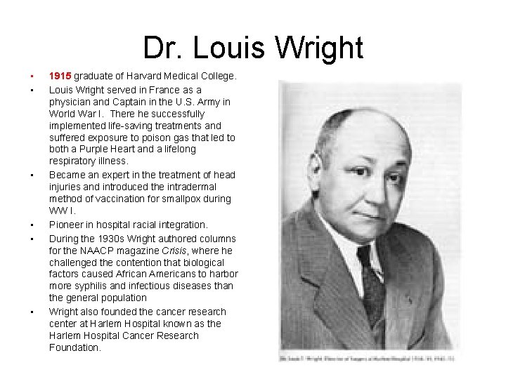 Dr. Louis Wright • • • 1915 graduate of Harvard Medical College. Louis Wright