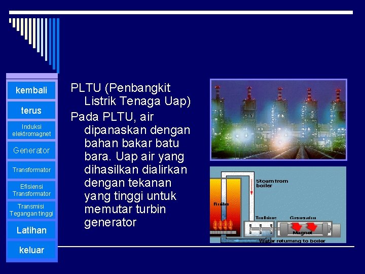 kembali terus Induksi elektromagnet Generator Transformator Efisiensi Transformator Transmisi Tegangan tinggi Latihan keluar PLTU