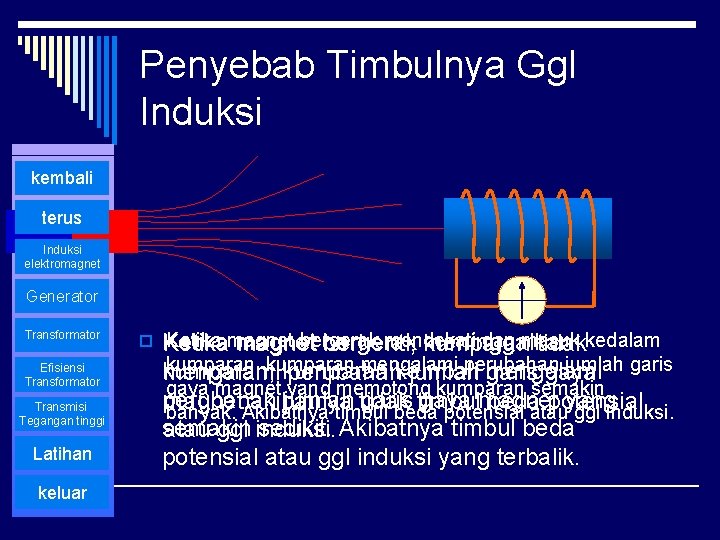 Penyebab Timbulnya Ggl Induksi kembali terus Induksi elektromagnet Generator Transformator Efisiensi Transformator Transmisi Tegangan