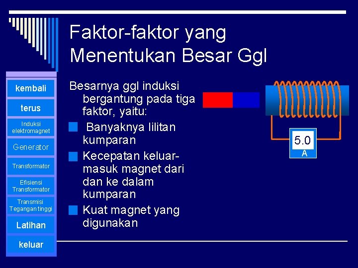 Faktor-faktor yang Menentukan Besar Ggl kembali terus Induksi elektromagnet Generator Transformator Efisiensi Transformator Transmisi