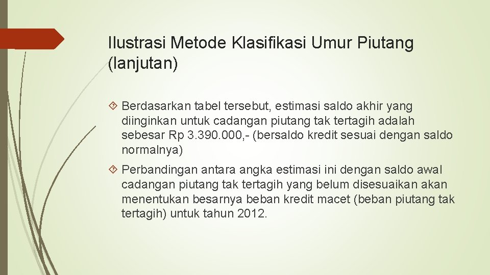 Ilustrasi Metode Klasifikasi Umur Piutang (lanjutan) Berdasarkan tabel tersebut, estimasi saldo akhir yang diinginkan