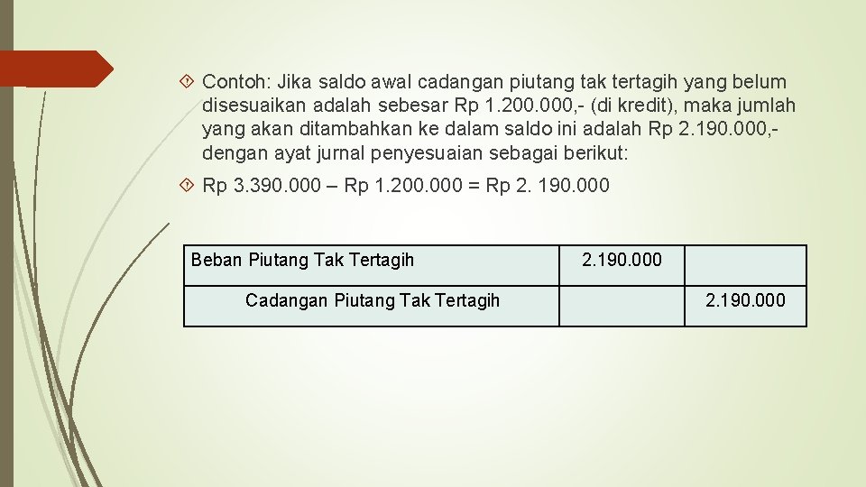  Contoh: Jika saldo awal cadangan piutang tak tertagih yang belum disesuaikan adalah sebesar