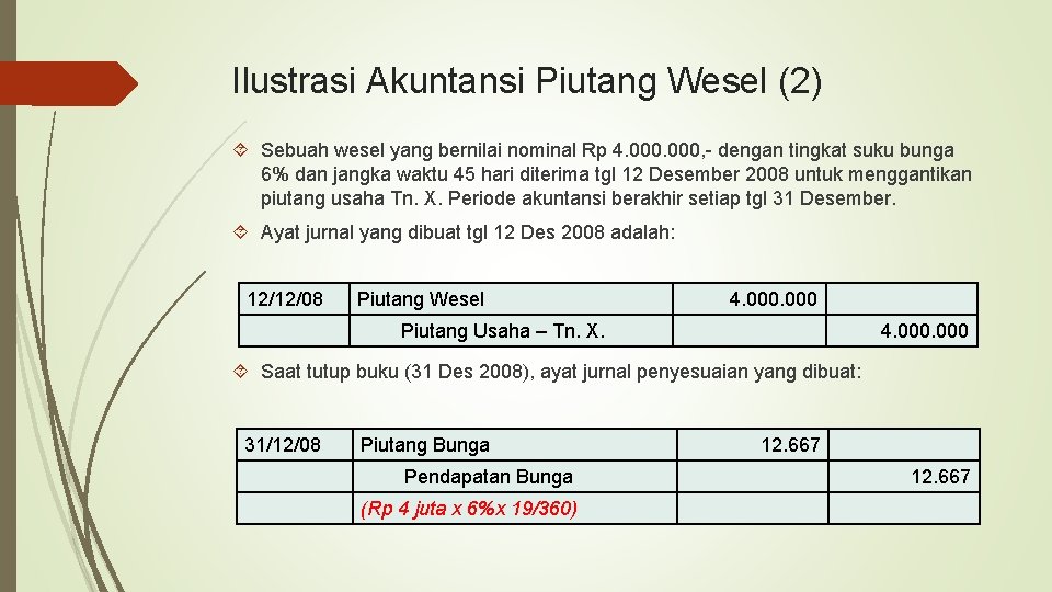 Ilustrasi Akuntansi Piutang Wesel (2) Sebuah wesel yang bernilai nominal Rp 4. 000, -