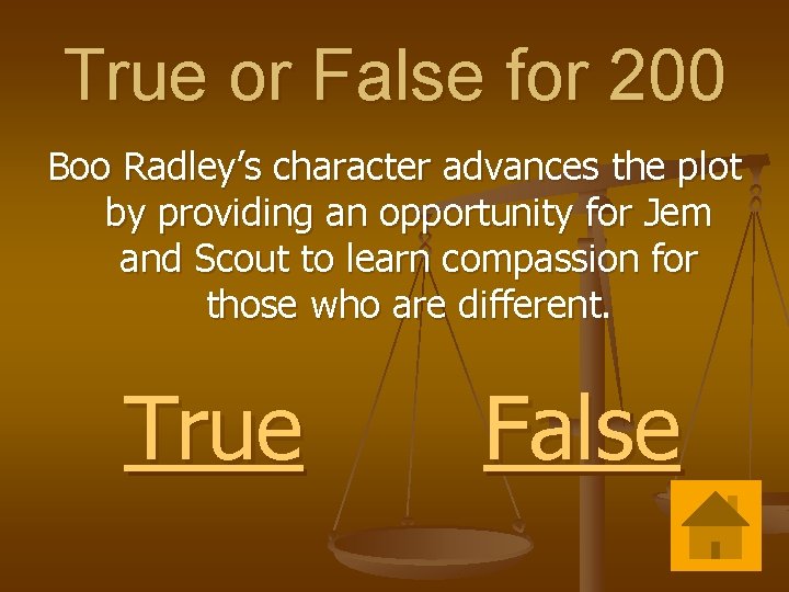 True or False for 200 Boo Radley’s character advances the plot by providing an