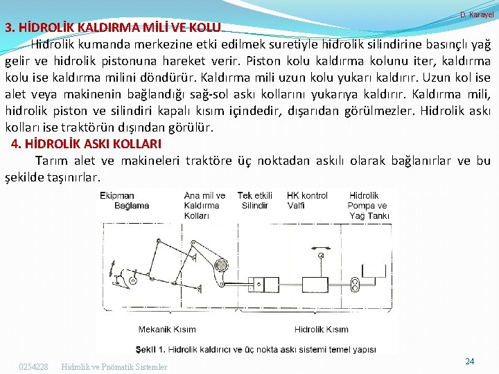 D. Karayel 3. HİDROLİK KALDIRMA MİLİ VE KOLU Hidrolik kumanda merkezine etki edilmek suretiyle