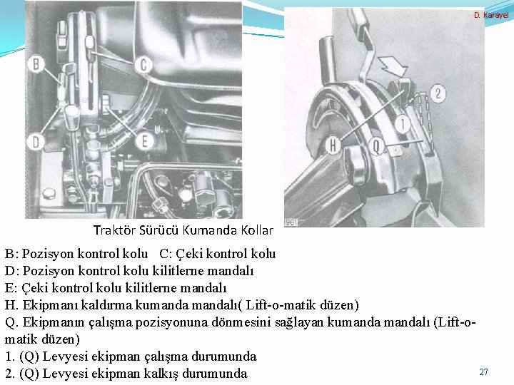 D. Karayel Traktör Sürücü Kumanda Kollar B: Pozisyon kontrol kolu C: Çeki kontrol kolu