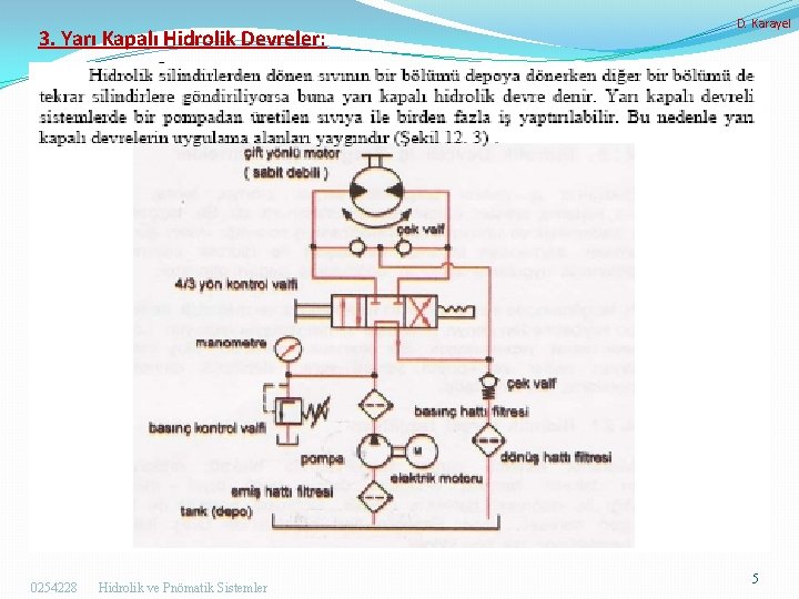3. Yarı Kapalı Hidrolik Devreler: 0254228 Hidrolik ve Pnömatik Sistemler D. Karayel 5 