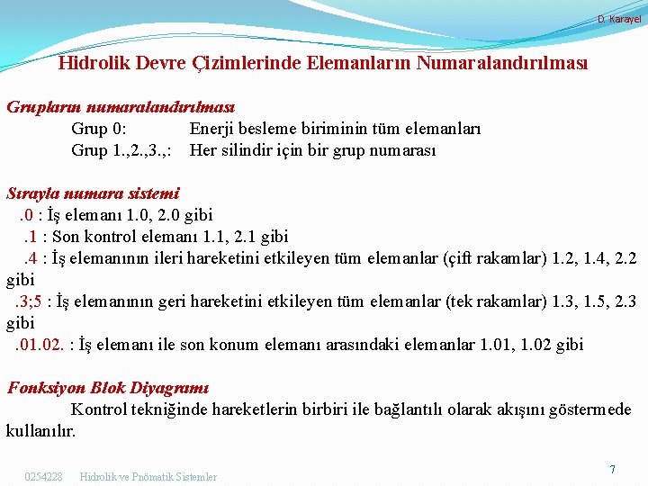 D. Karayel Hidrolik Devre Çizimlerinde Elemanların Numaralandırılması Grupların numaralandırılması Grup 0: Enerji besleme biriminin