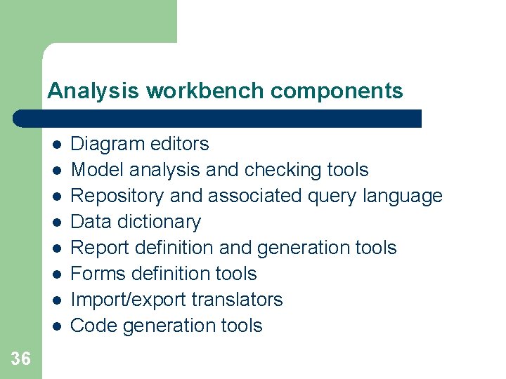 Analysis workbench components l l l l 36 Diagram editors Model analysis and checking