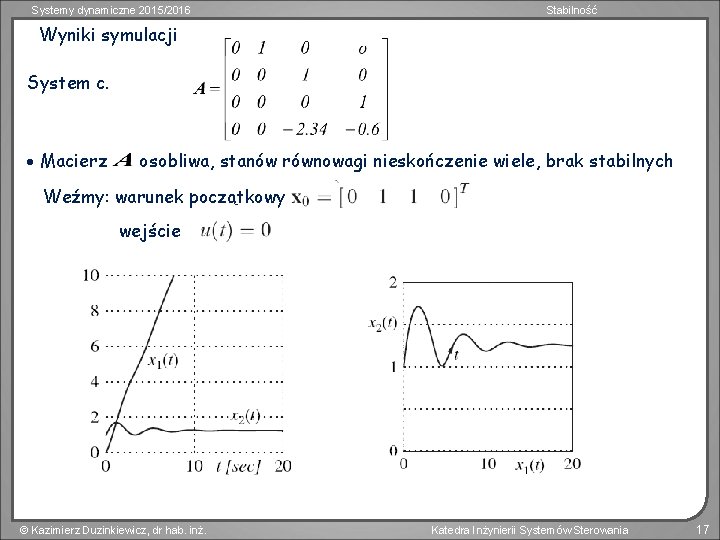 Systemy dynamiczne 2015/2016 Stabilność Wyniki symulacji System c. Macierz osobliwa, stanów równowagi nieskończenie wiele,