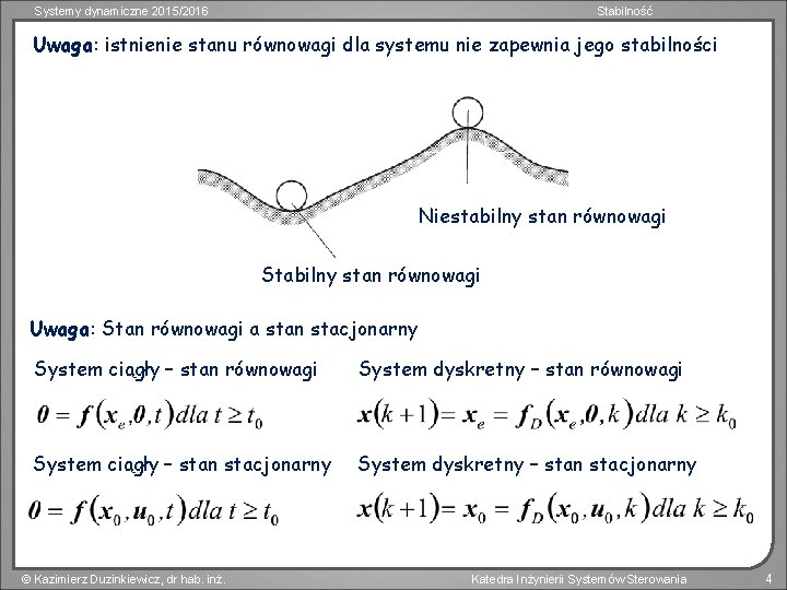 Systemy dynamiczne 2015/2016 Stabilność Uwaga: istnienie stanu równowagi dla systemu nie zapewnia jego stabilności