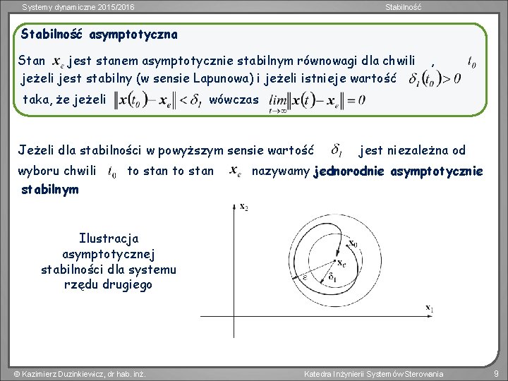 Systemy dynamiczne 2015/2016 Stabilność asymptotyczna Stan jest stanem asymptotycznie stabilnym równowagi dla chwili jeżeli