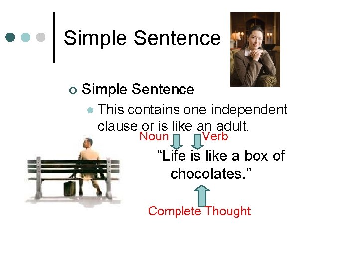 Simple Sentence ¢ Simple Sentence l This contains one independent clause or is like