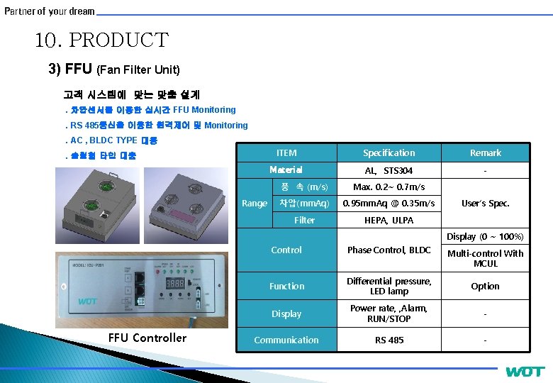 10. PRODUCT 3) FFU (Fan Filter Unit) 고객 시스템에 맞는 맞춤 설계. 차압센서를 이용한