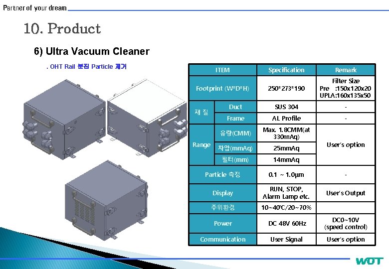 10. Product 6) Ultra Vacuum Cleaner. OHT Rail 분진 Particle 제거 ITEM Specification Remark