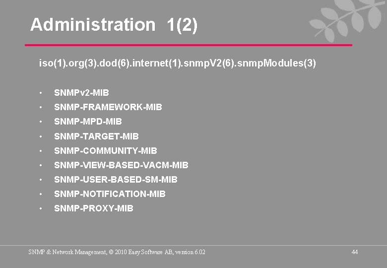 Administration 1(2) iso(1). org(3). dod(6). internet(1). snmp. V 2(6). snmp. Modules(3) • SNMPv 2